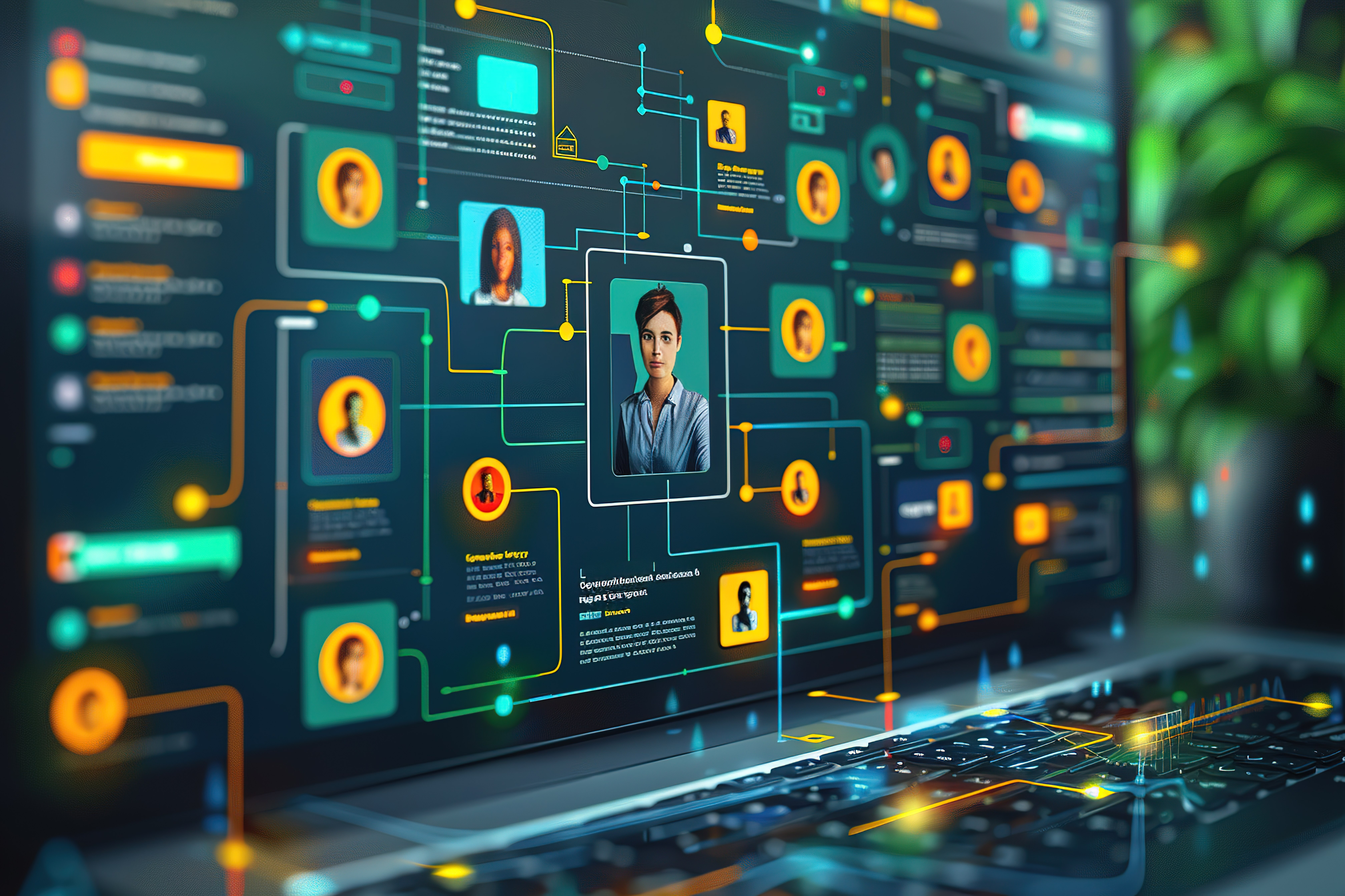 Schermo con grafico digitale di collegamenti tra profili e dati, evidenziando l’uso dell’intelligenza artificiale nel recruiting.